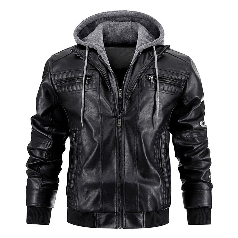 Herren Lederjacke Warmer Mantel mit Kapuze