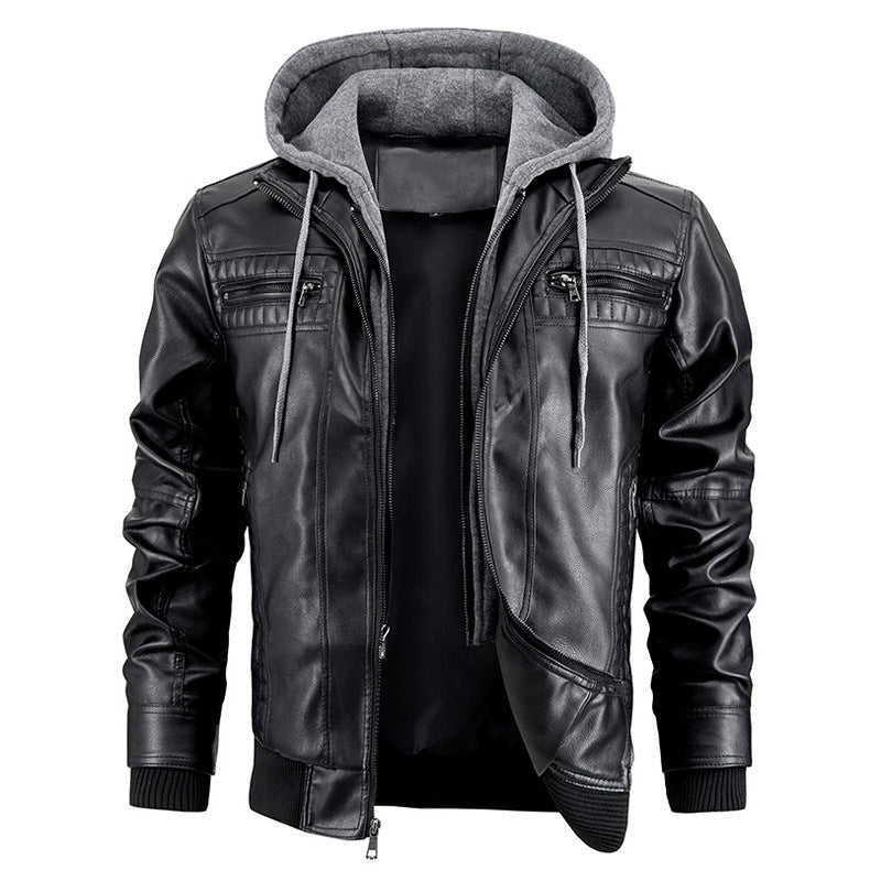 Herren Lederjacke Warmer Mantel mit Kapuze