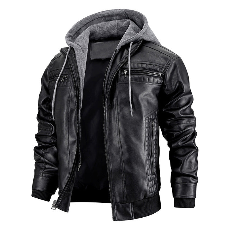 Herren Lederjacke Warmer Mantel mit Kapuze