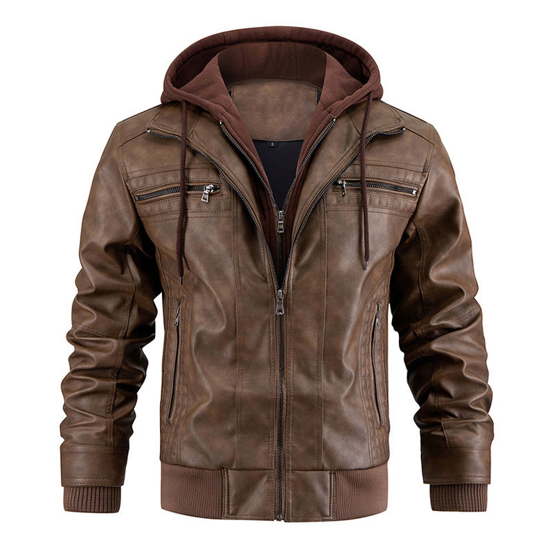 Herren Lederjacke Warmer Mantel mit Kapuze