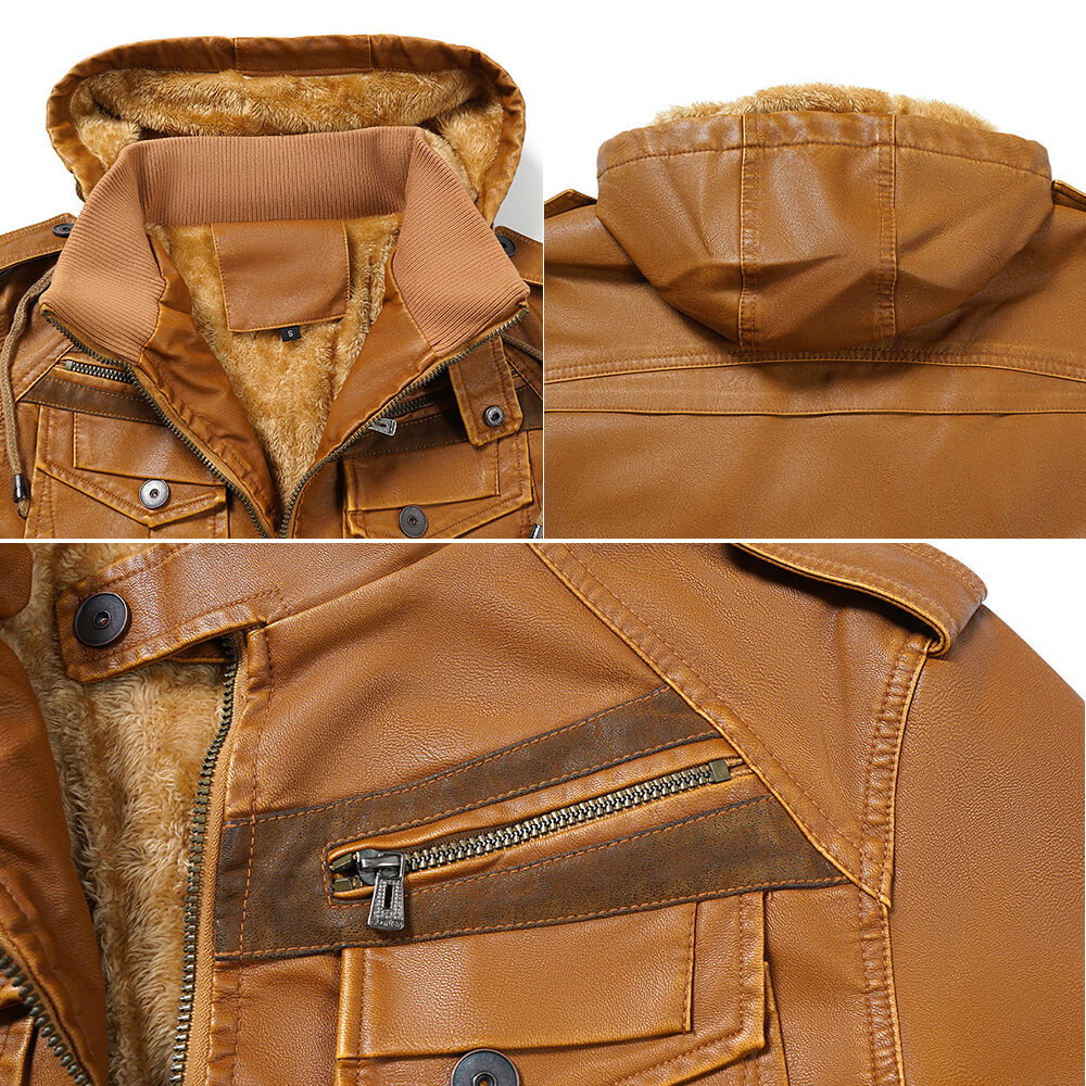 Winterfleecejacke für Herren|Leder jacke mit Kapuze