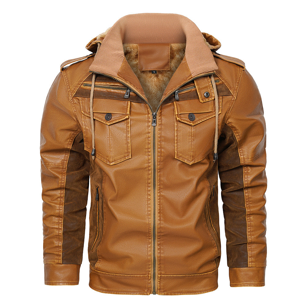 Winterfleecejacke für Herren|Leder jacke mit Kapuze