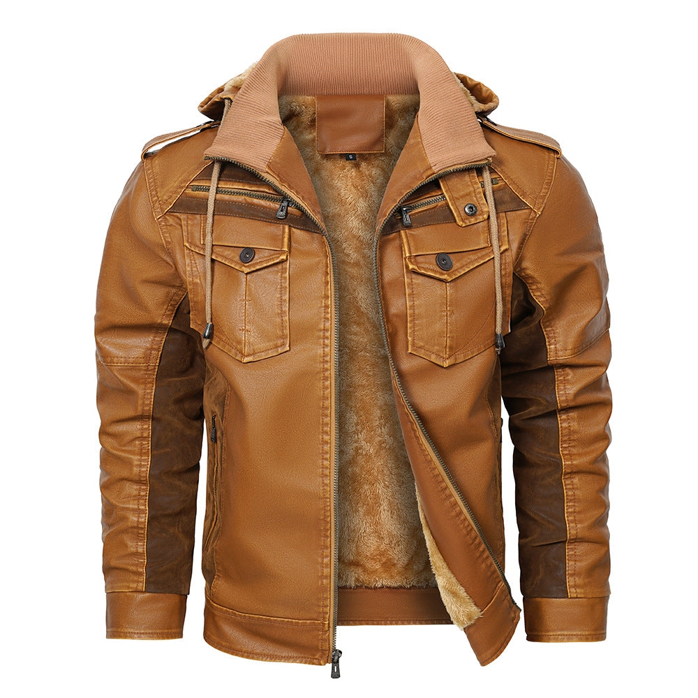 Winterfleecejacke für Herren|Leder jacke mit Kapuze