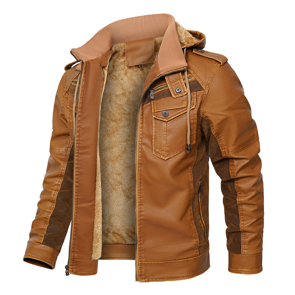 Winterfleecejacke für Herren|Leder jacke mit Kapuze