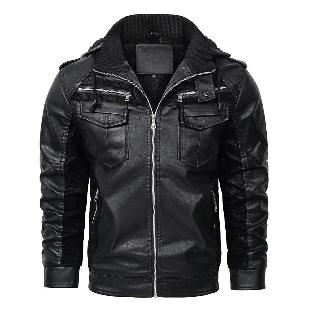 Winterfleecejacke für Herren|Leder jacke mit Kapuze