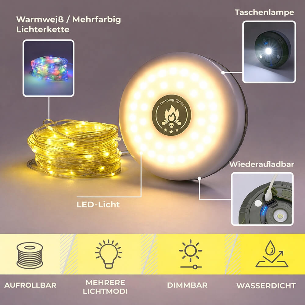 Camping Lichterkette Aufrollbar LED USB Wiederaufladbar