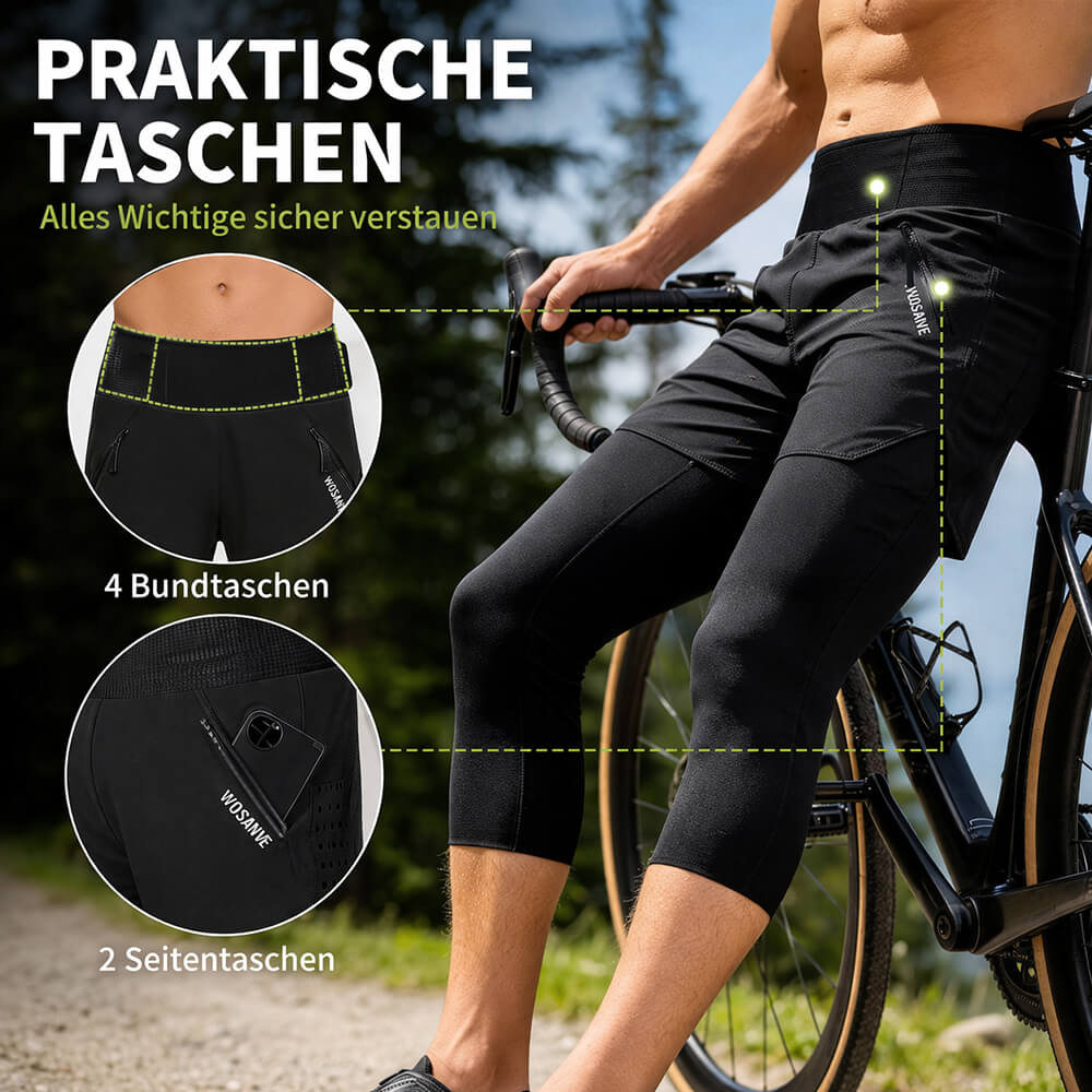 Herren 2-in-1 Fahrrad Caprihose mit Polsterung – MTB Radhose mit mehreren Taschen