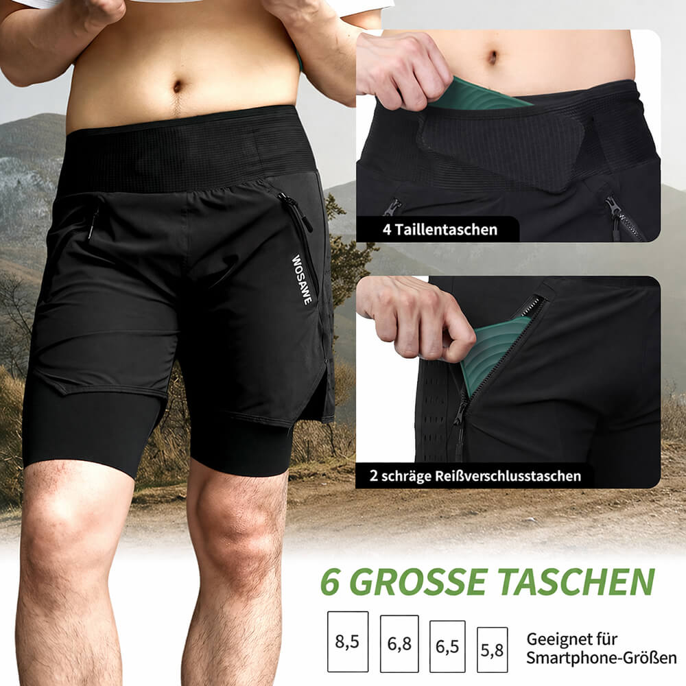 Herren 2-in-1 MTB Fahrradhose – Gepolstert, Atmungsaktiv, Schnelltrocknend, mit Mehreren Taschen