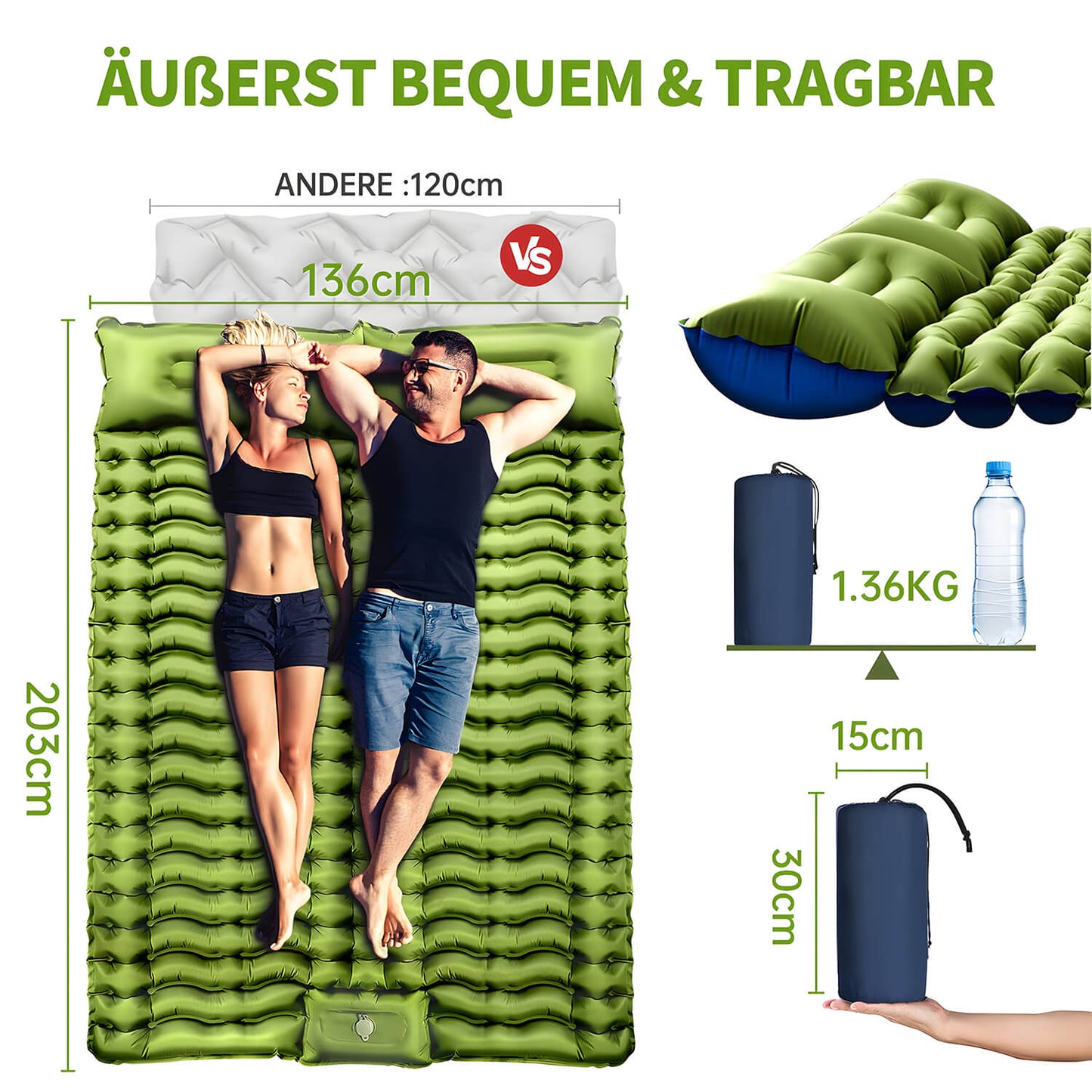 Selbstaufblasende Camping Isomatte 2 Personen - Wasserdicht für Outdoor