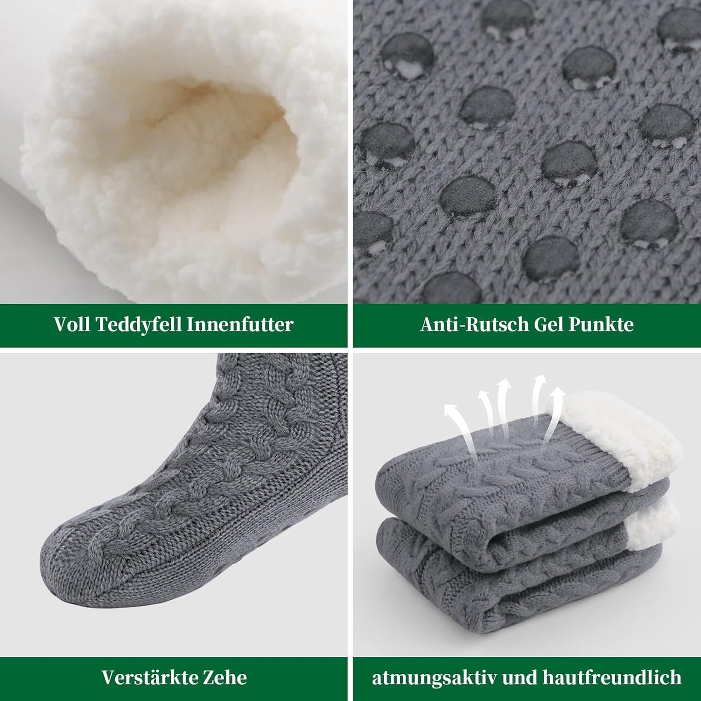 Warme Kuschelsocken Damen – Flauschige Hüttensocken mit Anti-Rutsch Noppen(1 Paar)