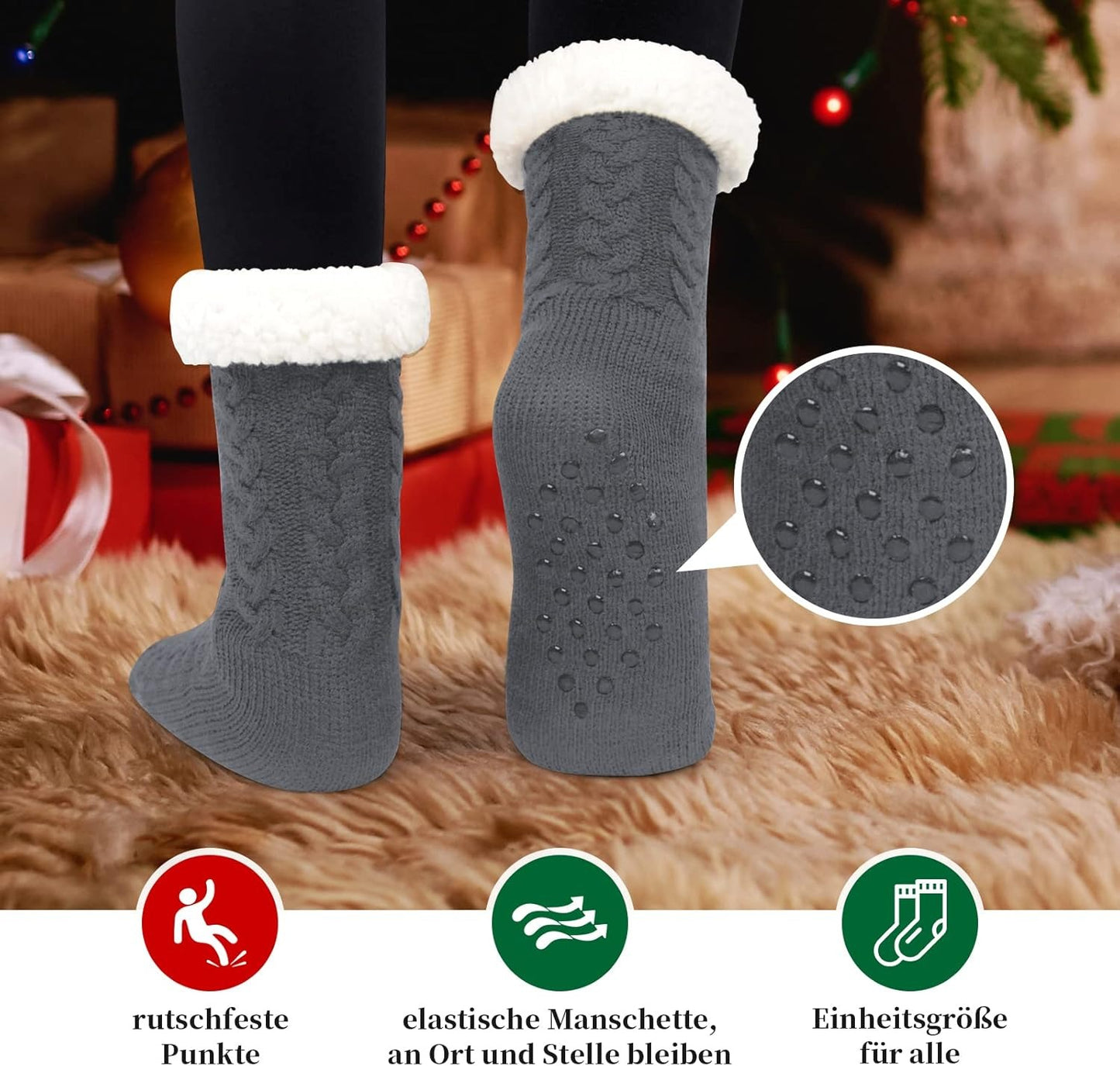 Warme Kuschelsocken Damen – Flauschige Hüttensocken mit Anti-Rutsch Noppen(1 Paar)